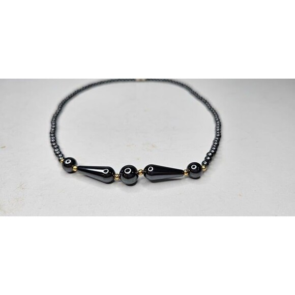 Hematite Round Bead and Gold Tone Spacer Beaded Necklace 18"L - Picture 3 of 3